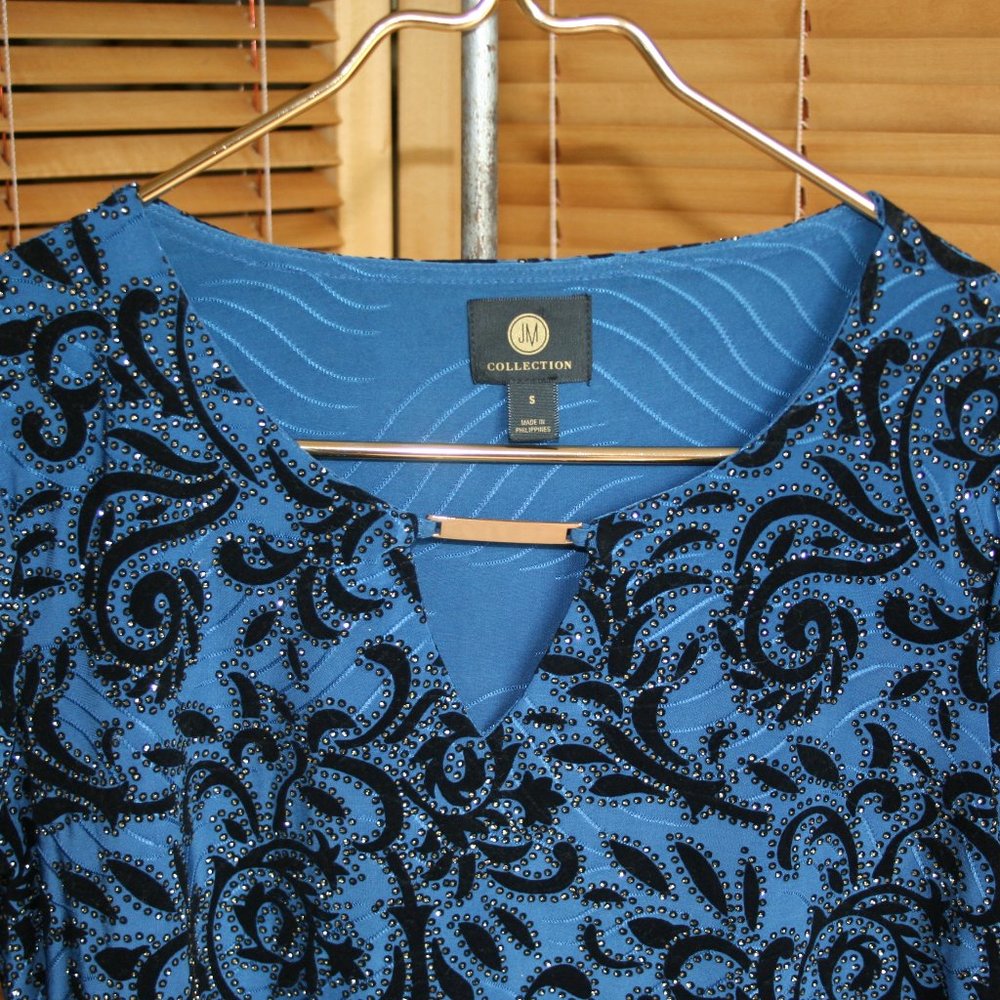 JM Collection Blue Beaded Dressy Blouse Siz Small
